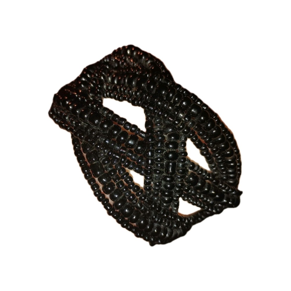 BLACK GLASS BEAD WIRE WRAP Bracelet Vintage Four Braided Strands‎ of 4 Beaded